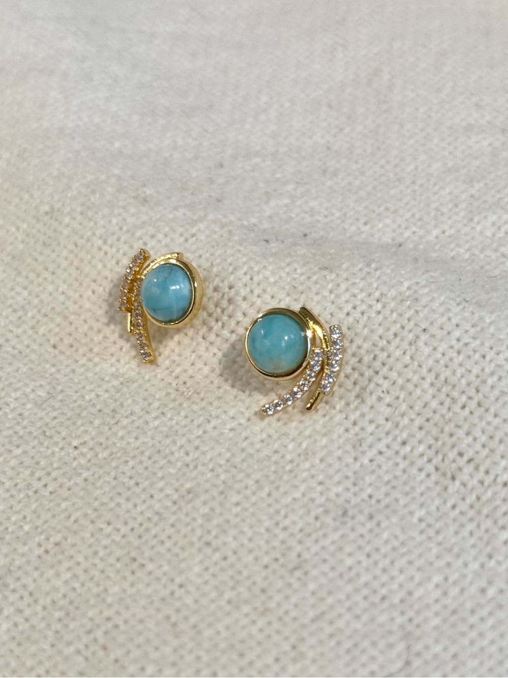 NEW! Gold Plated Larimar stone Stud Earrings with CZ - Picture 2 of 4